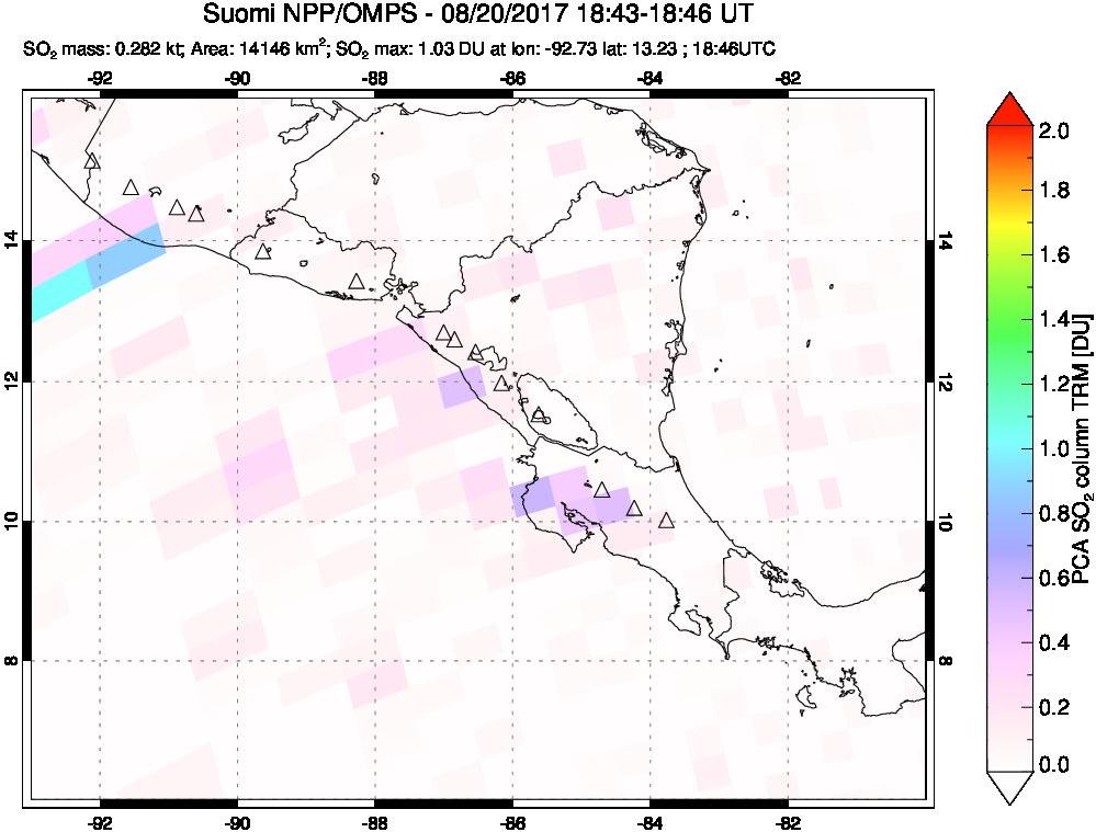 A sulfur dioxide image over Central America on Aug 20, 2017.