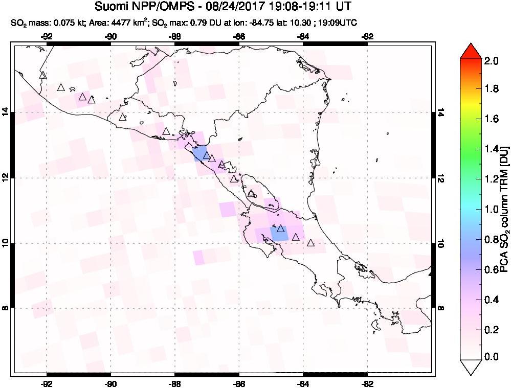 A sulfur dioxide image over Central America on Aug 24, 2017.