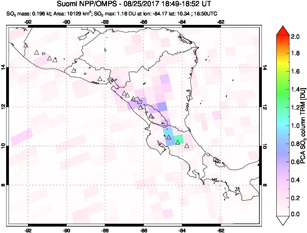 A sulfur dioxide image over Central America on Aug 25, 2017.
