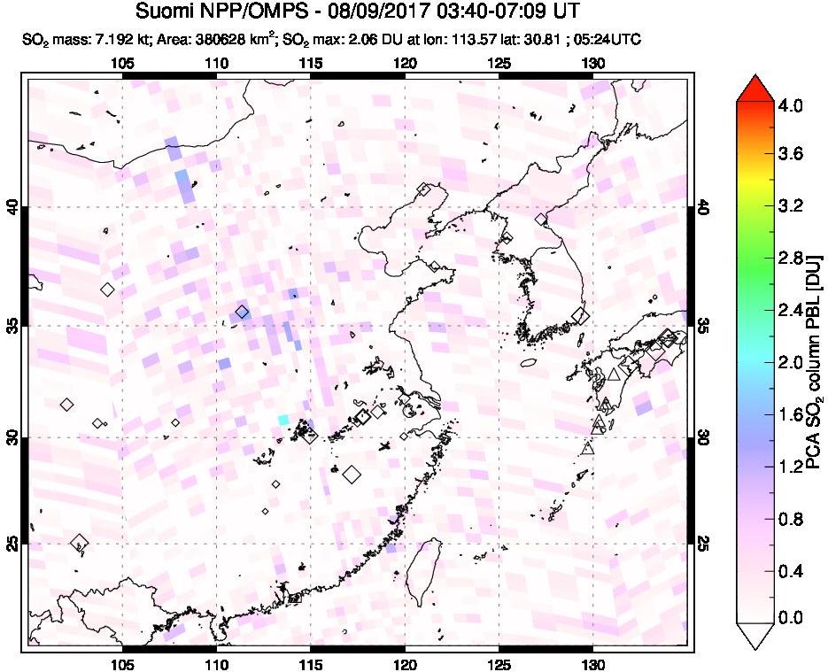 A sulfur dioxide image over Eastern China on Aug 09, 2017.