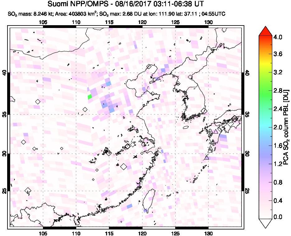 A sulfur dioxide image over Eastern China on Aug 16, 2017.
