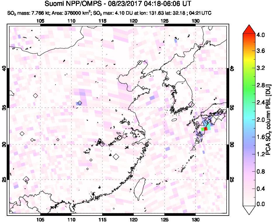 A sulfur dioxide image over Eastern China on Aug 23, 2017.