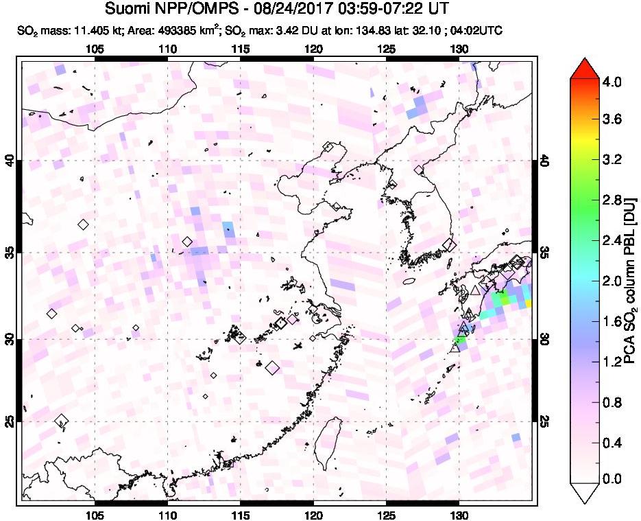 A sulfur dioxide image over Eastern China on Aug 24, 2017.