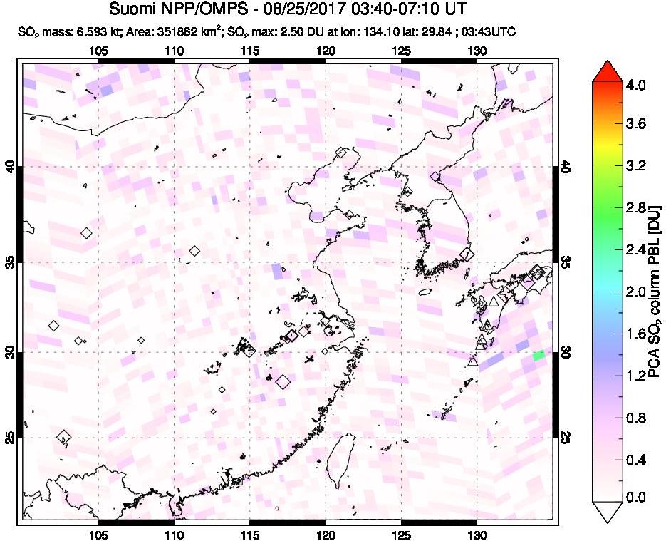 A sulfur dioxide image over Eastern China on Aug 25, 2017.