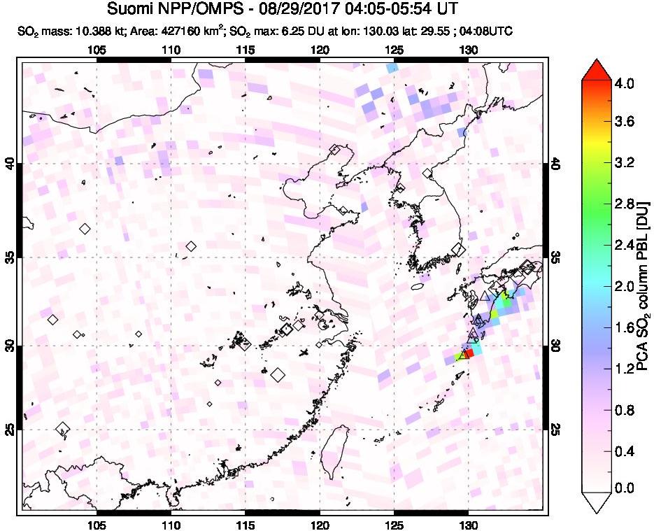 A sulfur dioxide image over Eastern China on Aug 29, 2017.