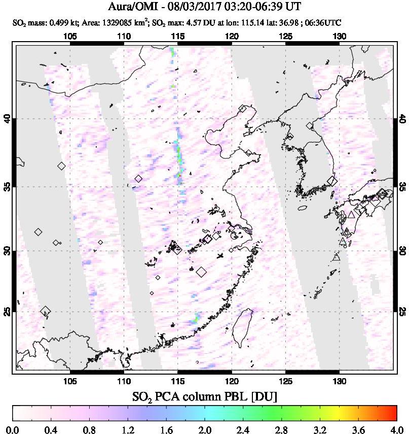 A sulfur dioxide image over Eastern China on Aug 03, 2017.
