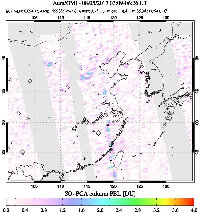 A sulfur dioxide image over Eastern China on Aug 05, 2017.