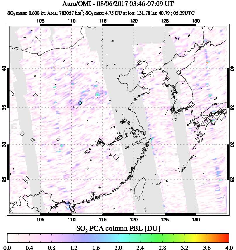 A sulfur dioxide image over Eastern China on Aug 06, 2017.