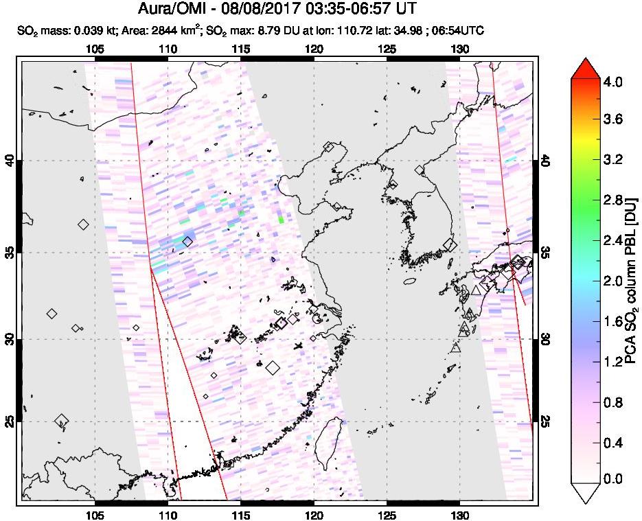 A sulfur dioxide image over Eastern China on Aug 08, 2017.