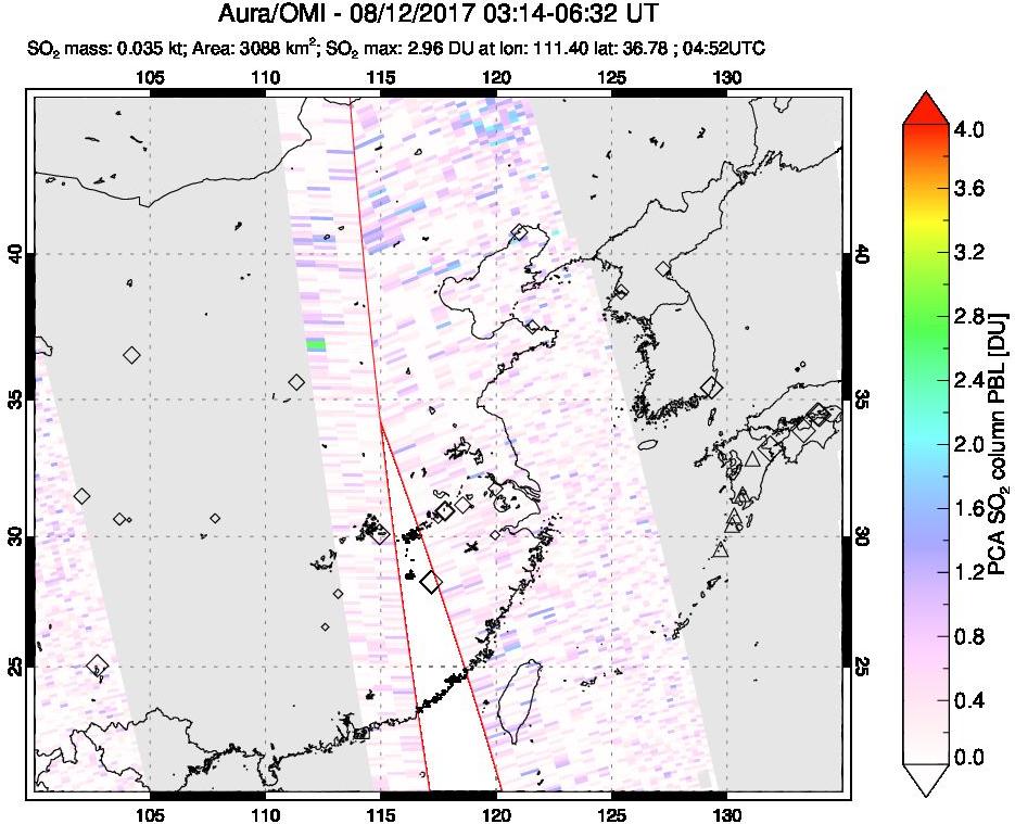 A sulfur dioxide image over Eastern China on Aug 12, 2017.