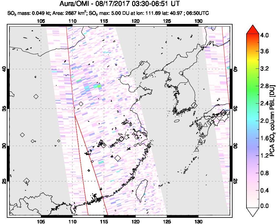 A sulfur dioxide image over Eastern China on Aug 17, 2017.
