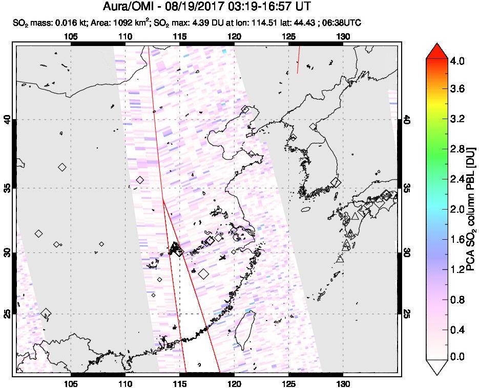 A sulfur dioxide image over Eastern China on Aug 19, 2017.