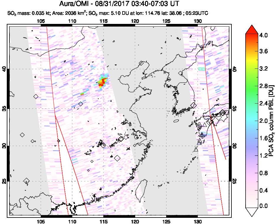 A sulfur dioxide image over Eastern China on Aug 31, 2017.