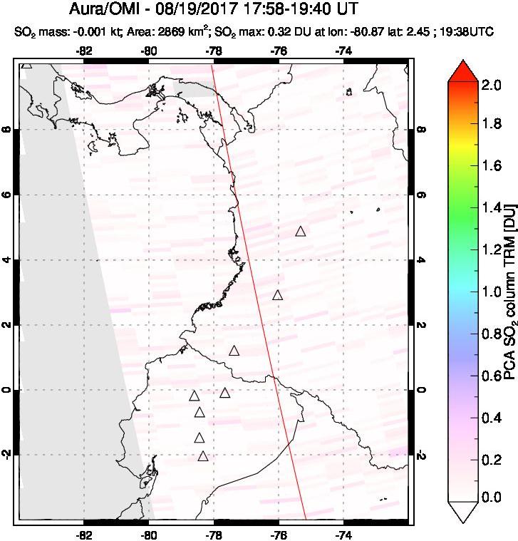 A sulfur dioxide image over Ecuador on Aug 19, 2017.