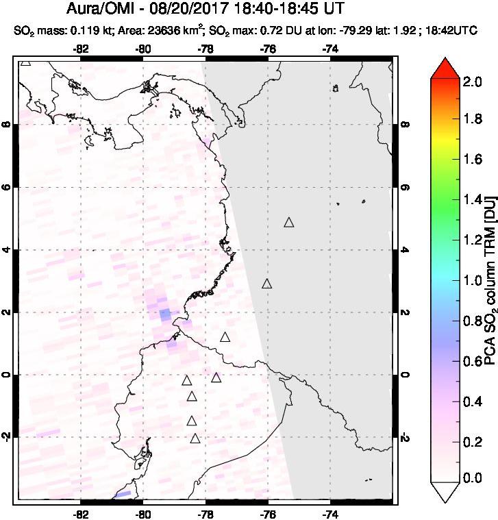 A sulfur dioxide image over Ecuador on Aug 20, 2017.