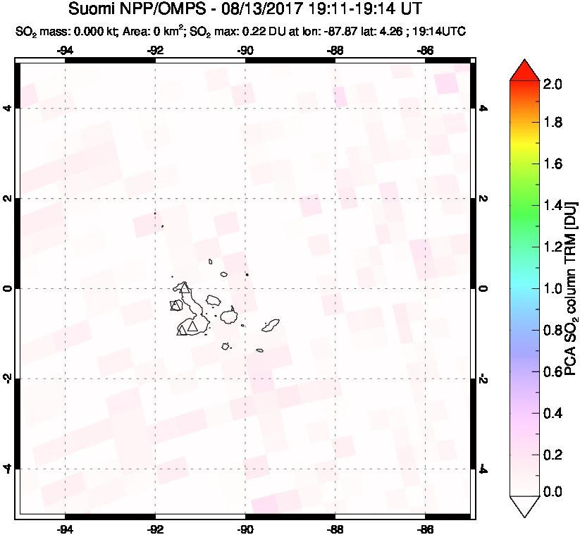 A sulfur dioxide image over Galápagos Islands on Aug 13, 2017.