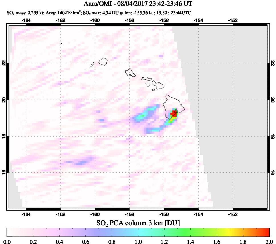 A sulfur dioxide image over Hawaii, USA on Aug 04, 2017.