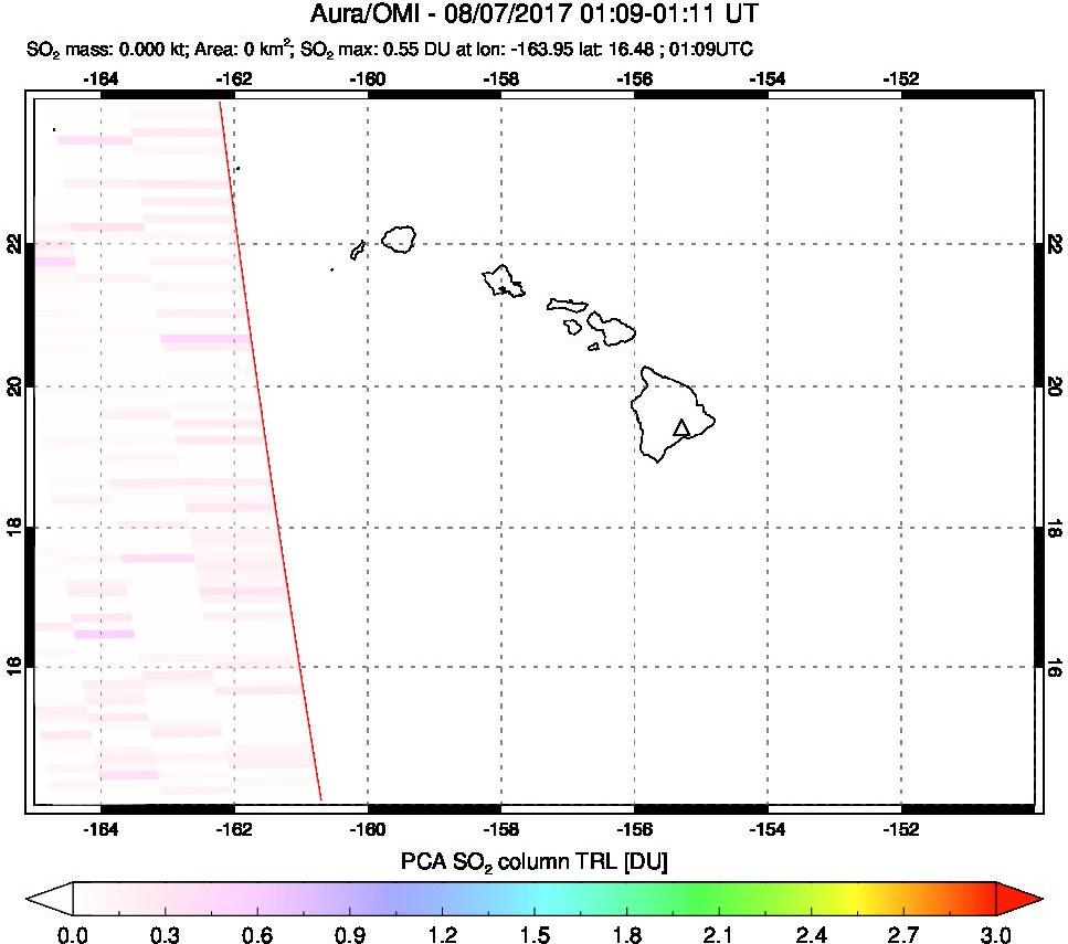 A sulfur dioxide image over Hawaii, USA on Aug 07, 2017.