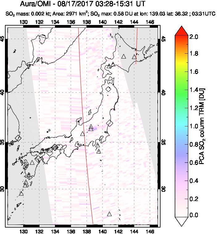 A sulfur dioxide image over Japan on Aug 17, 2017.