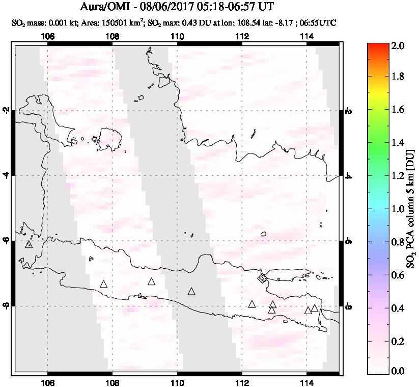 A sulfur dioxide image over Java, Indonesia on Aug 06, 2017.