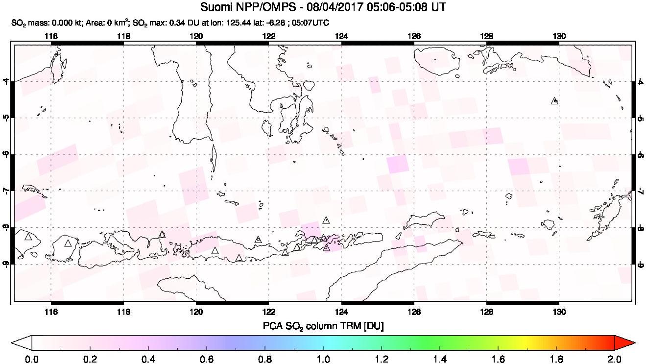 A sulfur dioxide image over Lesser Sunda Islands, Indonesia on Aug 04, 2017.