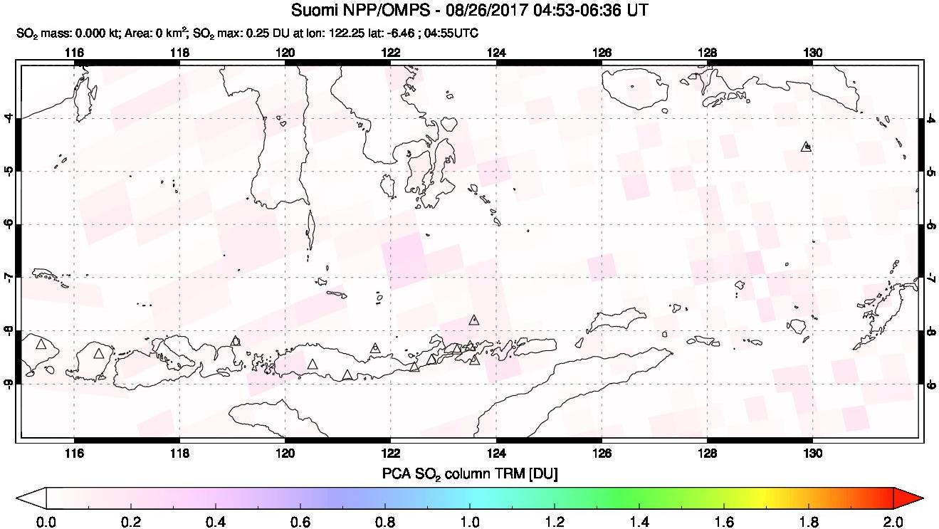 A sulfur dioxide image over Lesser Sunda Islands, Indonesia on Aug 26, 2017.