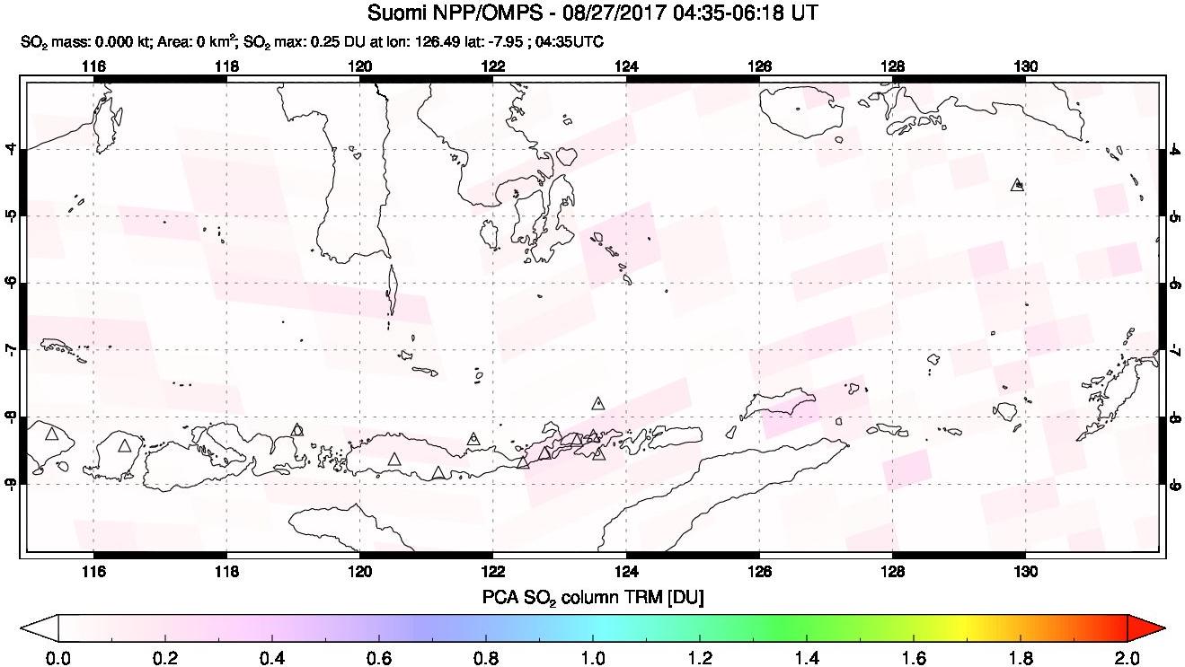 A sulfur dioxide image over Lesser Sunda Islands, Indonesia on Aug 27, 2017.