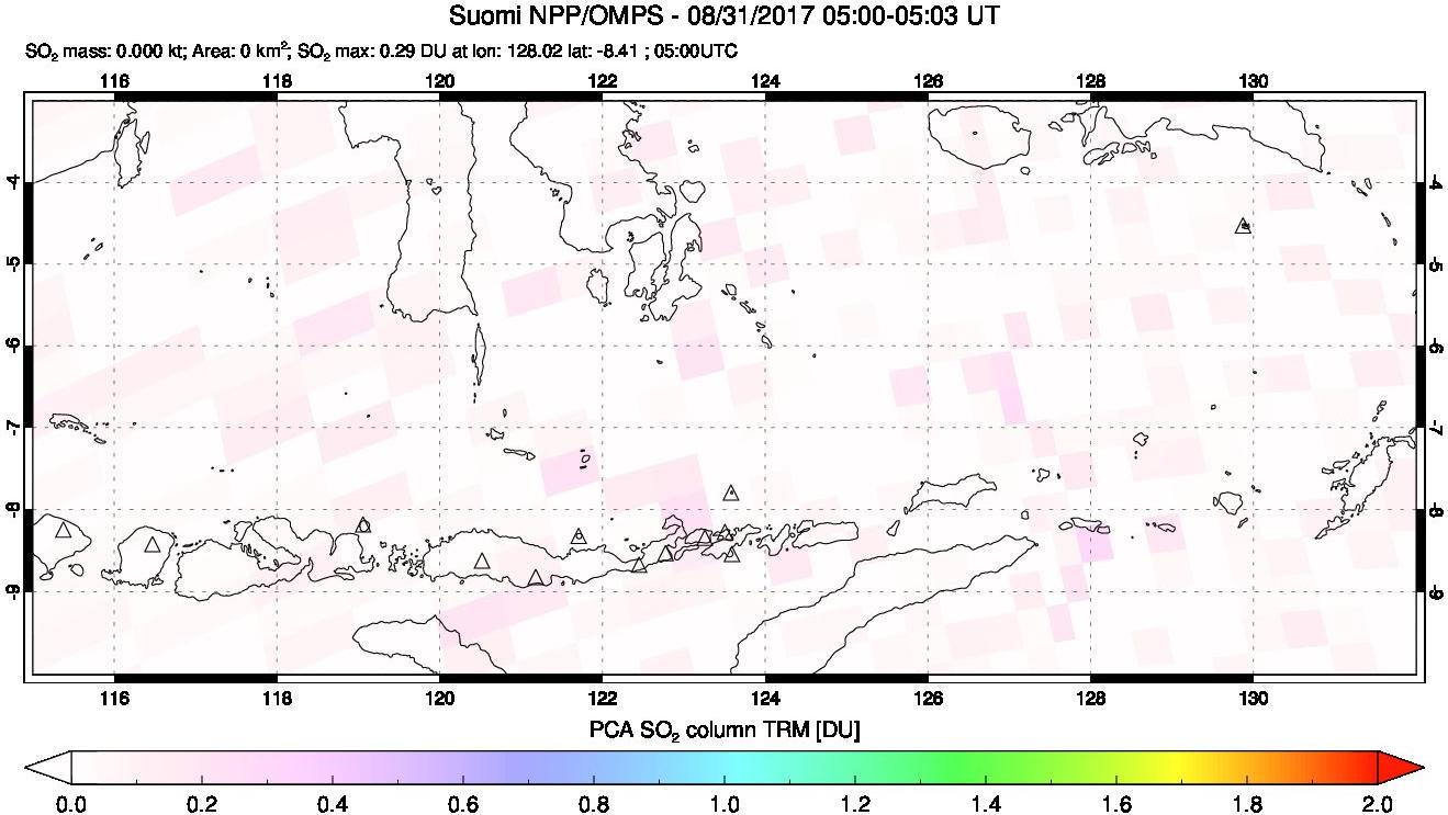 A sulfur dioxide image over Lesser Sunda Islands, Indonesia on Aug 31, 2017.