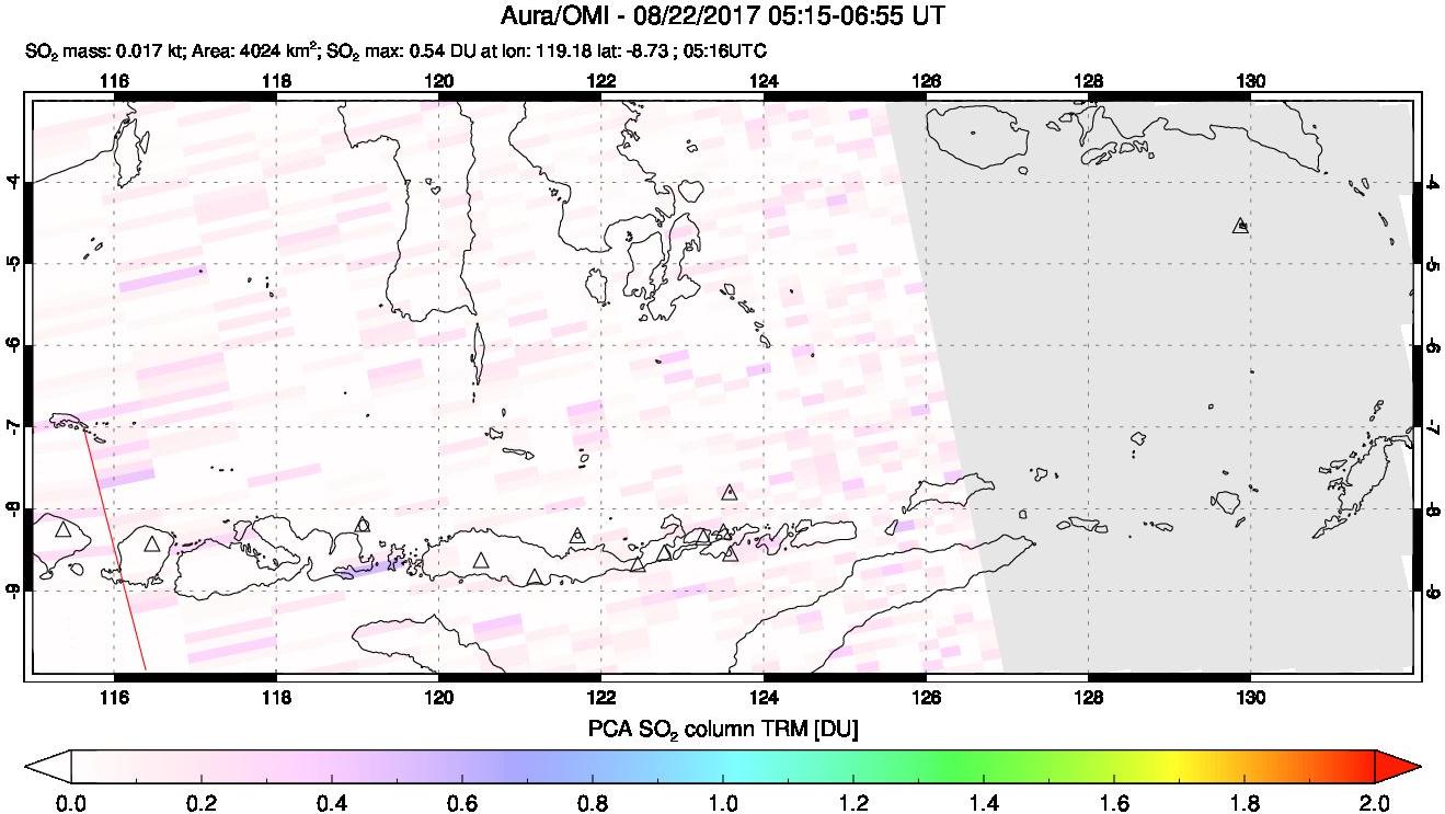 A sulfur dioxide image over Lesser Sunda Islands, Indonesia on Aug 22, 2017.