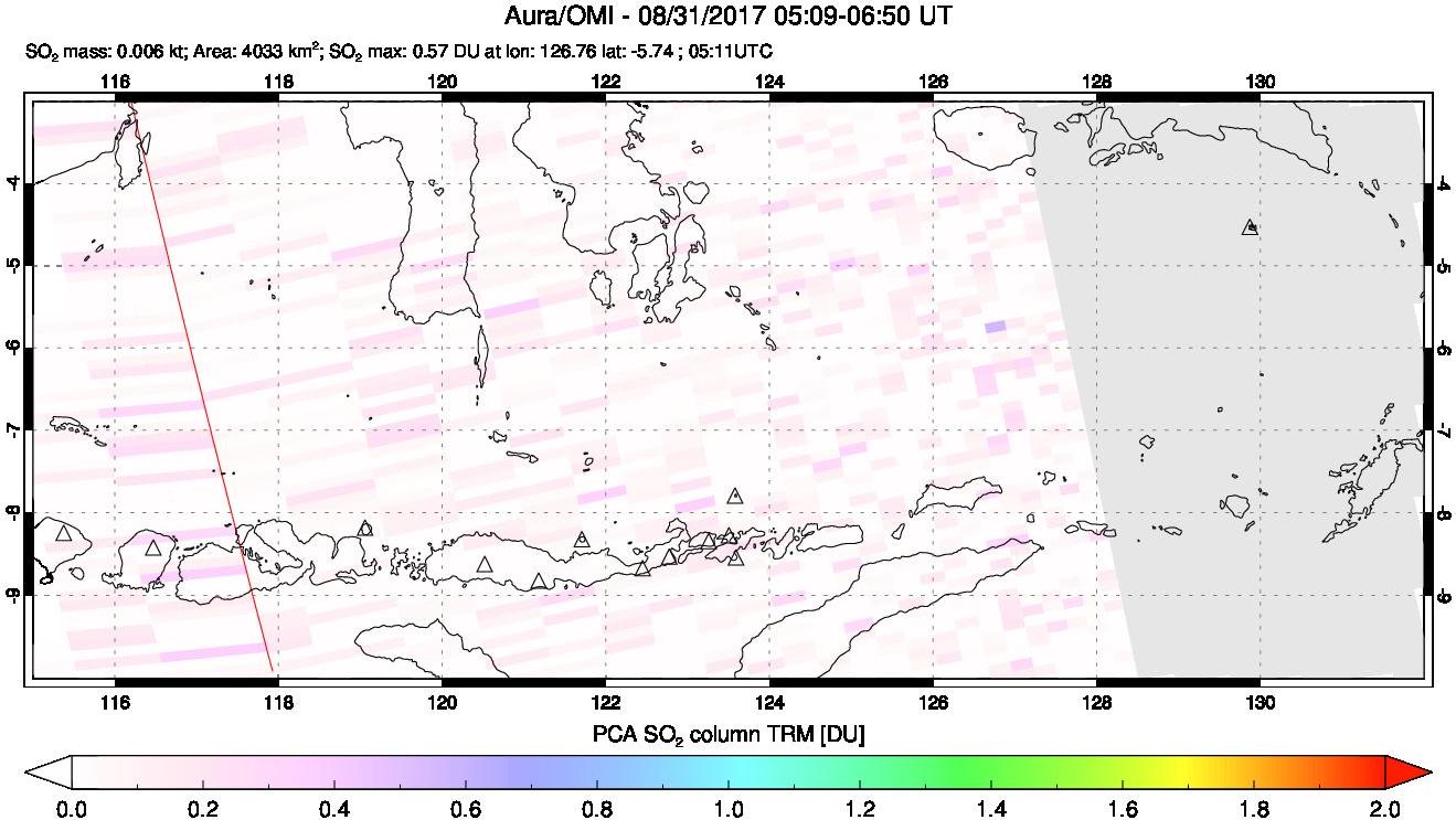 A sulfur dioxide image over Lesser Sunda Islands, Indonesia on Aug 31, 2017.
