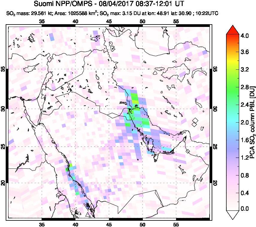 A sulfur dioxide image over Middle East on Aug 04, 2017.