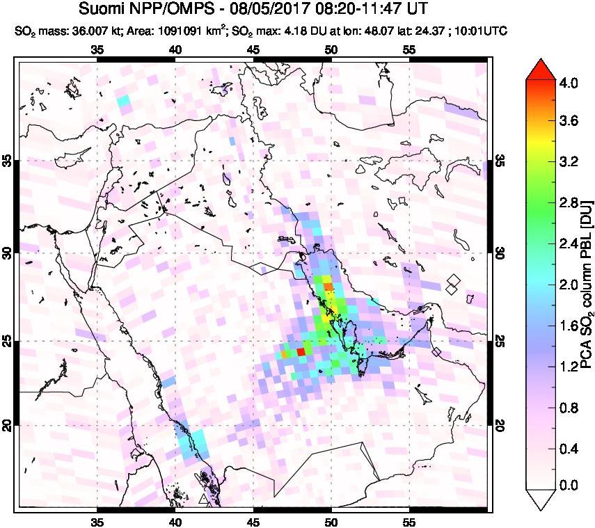 A sulfur dioxide image over Middle East on Aug 05, 2017.