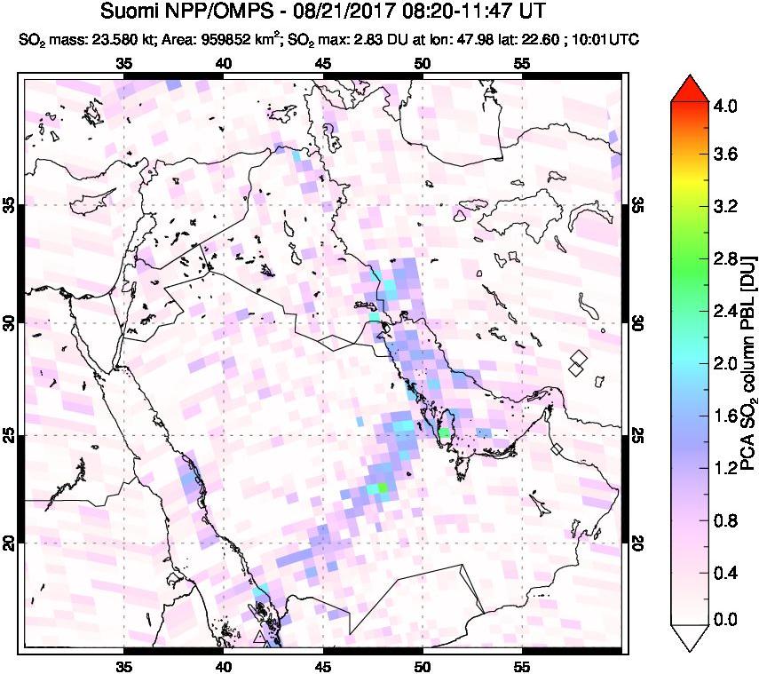 A sulfur dioxide image over Middle East on Aug 21, 2017.