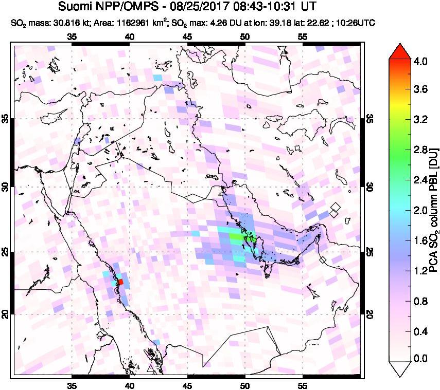 A sulfur dioxide image over Middle East on Aug 25, 2017.