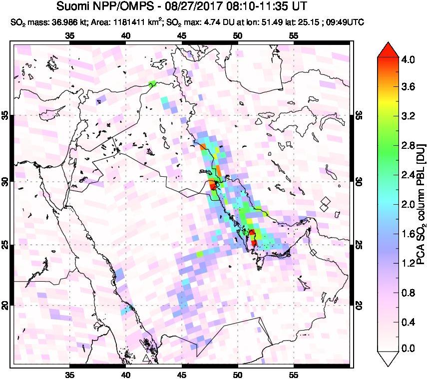 A sulfur dioxide image over Middle East on Aug 27, 2017.