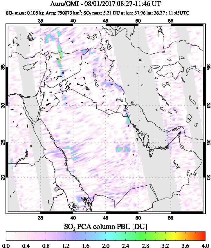 A sulfur dioxide image over Middle East on Aug 01, 2017.