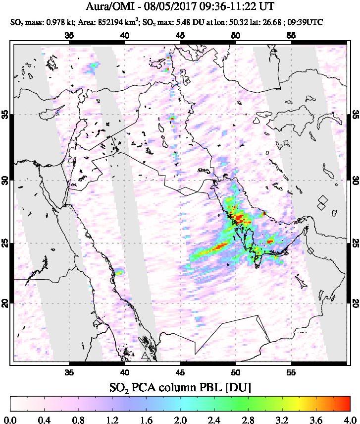 A sulfur dioxide image over Middle East on Aug 05, 2017.