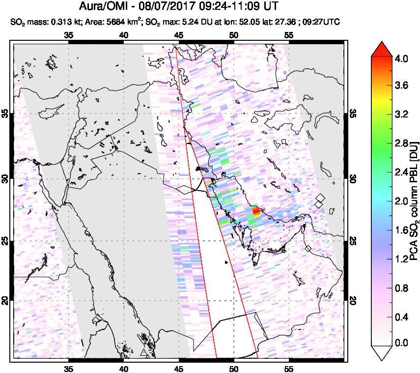 A sulfur dioxide image over Middle East on Aug 07, 2017.