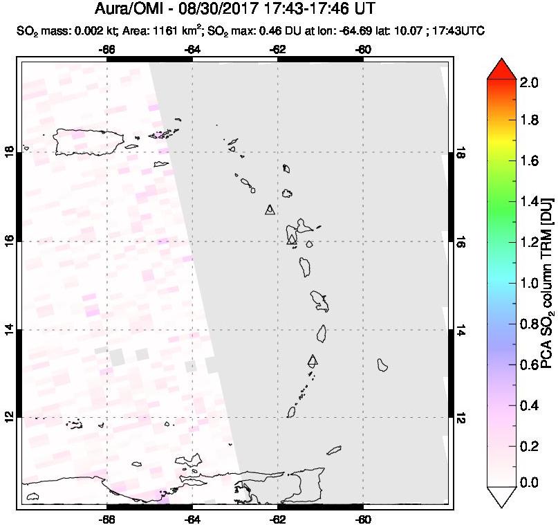 A sulfur dioxide image over Montserrat, West Indies on Aug 30, 2017.