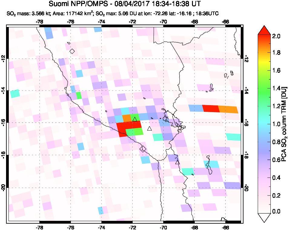 A sulfur dioxide image over Peru on Aug 04, 2017.