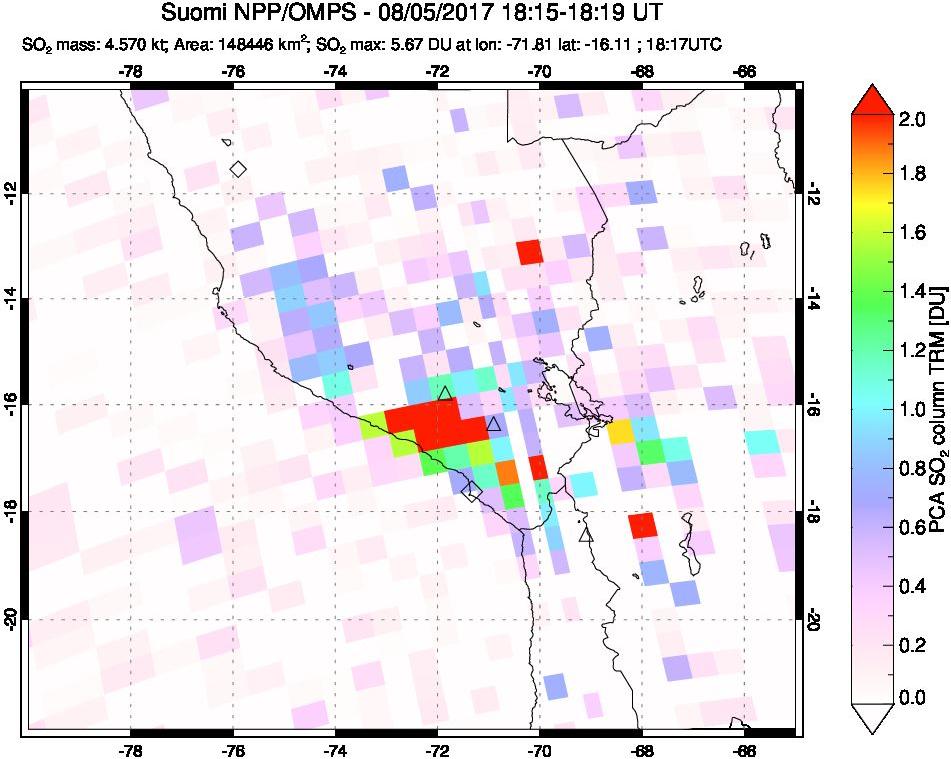 A sulfur dioxide image over Peru on Aug 05, 2017.