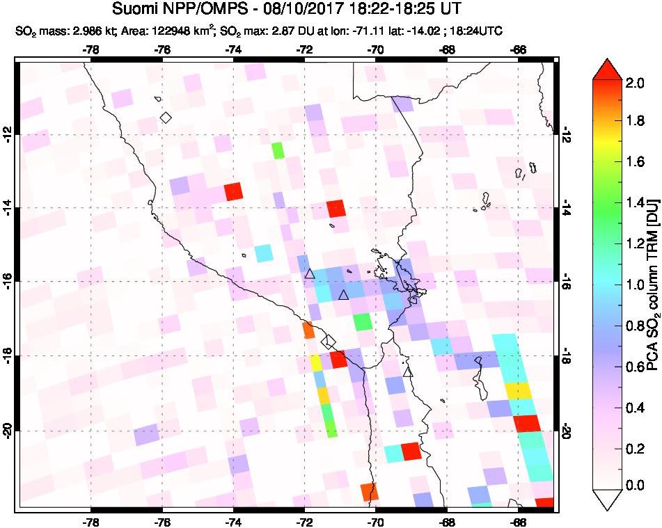 A sulfur dioxide image over Peru on Aug 10, 2017.