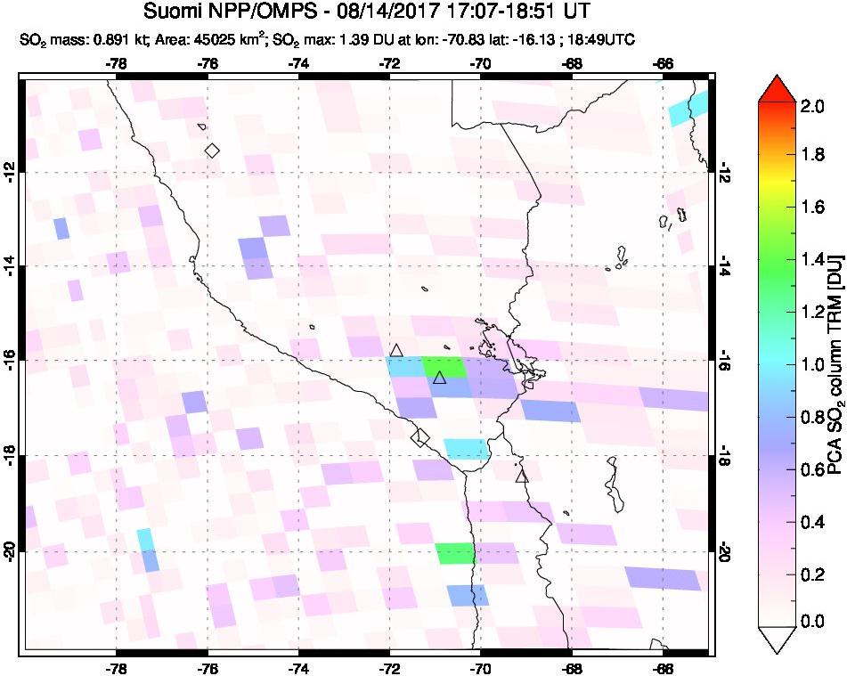 A sulfur dioxide image over Peru on Aug 14, 2017.