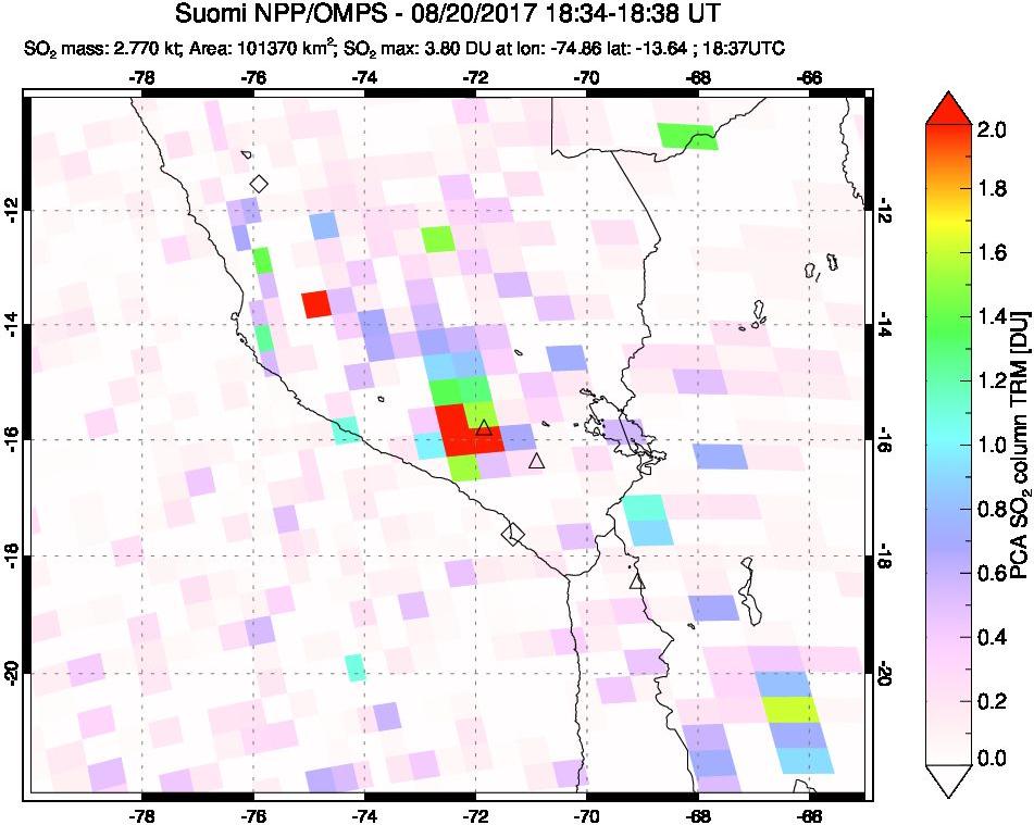 A sulfur dioxide image over Peru on Aug 20, 2017.