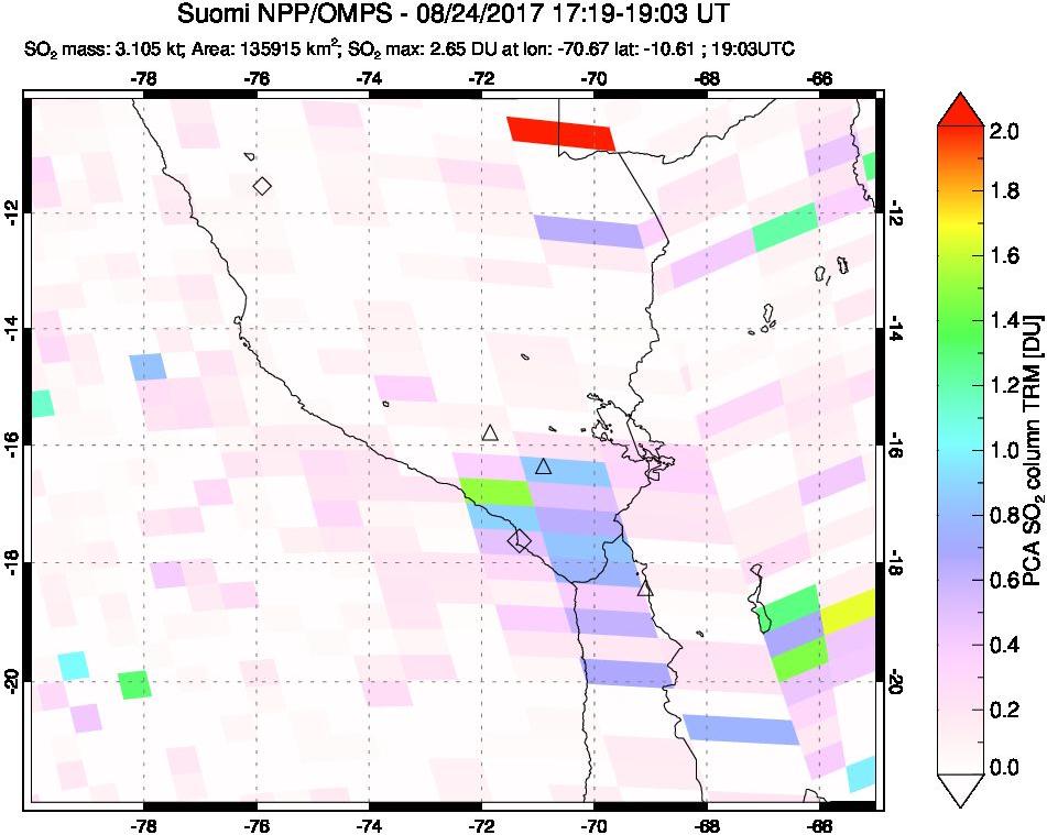 A sulfur dioxide image over Peru on Aug 24, 2017.