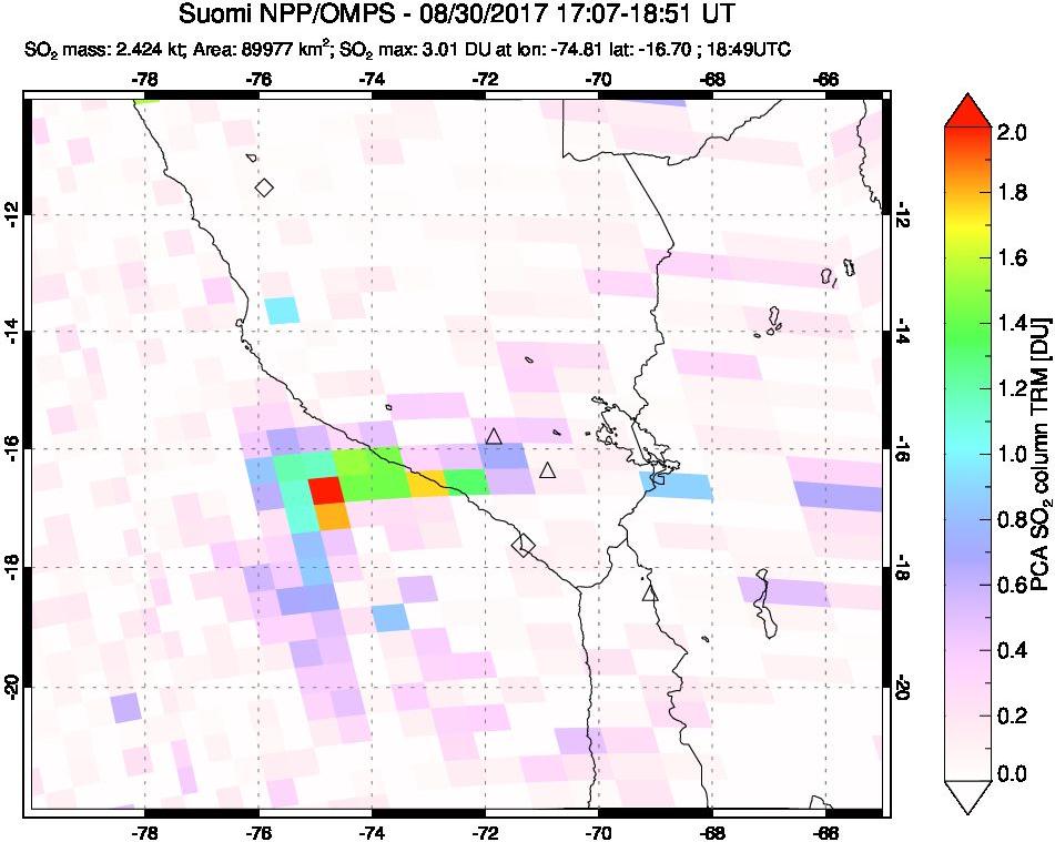 A sulfur dioxide image over Peru on Aug 30, 2017.