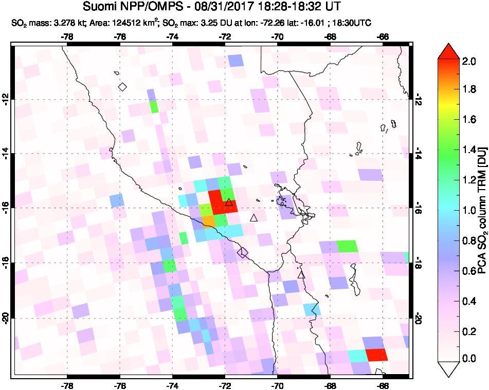 A sulfur dioxide image over Peru on Aug 31, 2017.