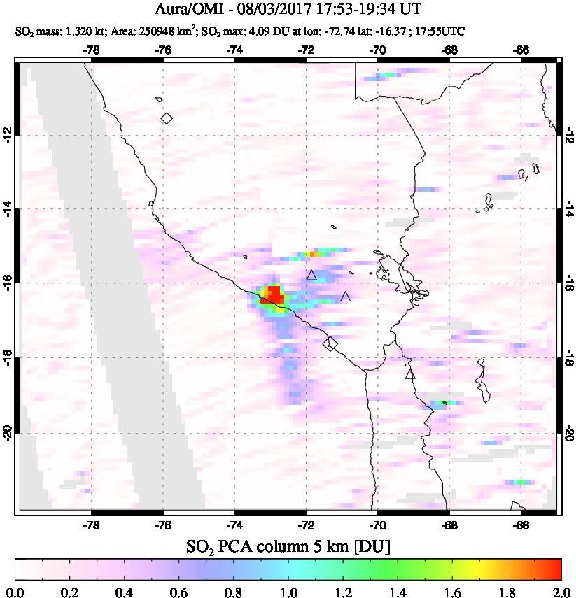 A sulfur dioxide image over Peru on Aug 03, 2017.