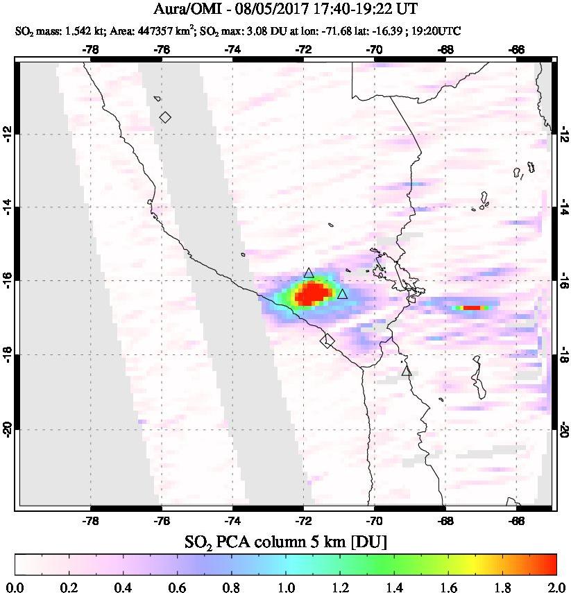 A sulfur dioxide image over Peru on Aug 05, 2017.