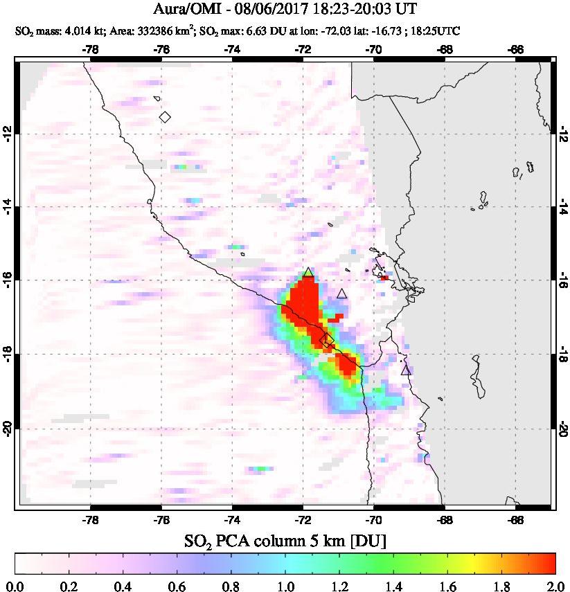 A sulfur dioxide image over Peru on Aug 06, 2017.